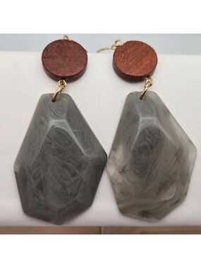 Handmade Large Gray Stone Marble Polymer Clay & Brown Wood Drop Earrings